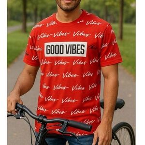 GOOD VIBES Men's Red Short Sleeve All Over Logo Tee Shirt size L